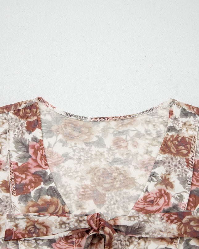 Red Floral Print Stitched Detail Tie V Neck Long Bell Sleeve Blouse