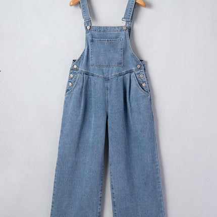 Dusk Blue Pleated Wide Leg Retro Pocketed Denim Jumpsuit