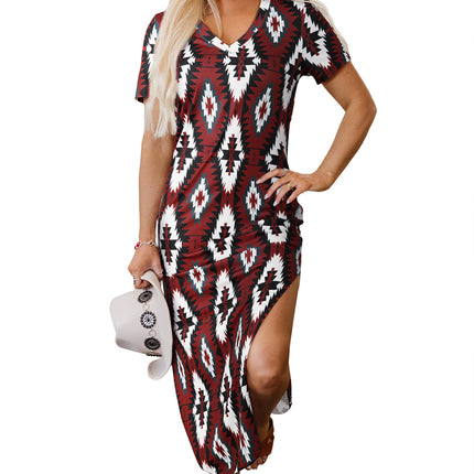 Red Western Aztec Printed Long T-shirt Dress