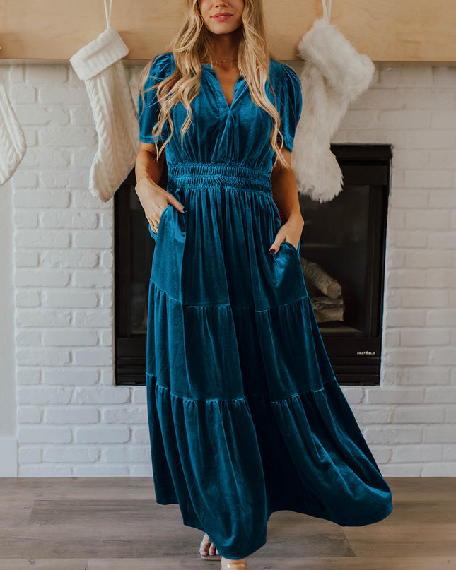 Prussian Blue Velvet Short Sleeve Shirred Waist Tiered Maxi Dress