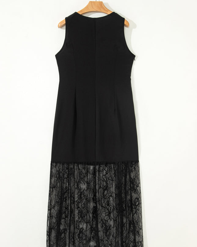 Black Solid Color Sleeveless Sheer Floral Lace Patchwork Long Dress