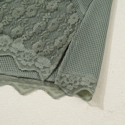 Sage Green Solid Color Waffle Ribbed Lace Patchwork Long Sleeve Top