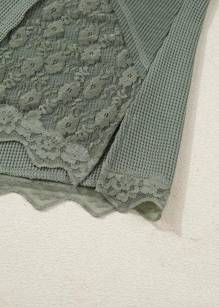 Sage Green Solid Color Waffle Ribbed Lace Patchwork Long Sleeve Top