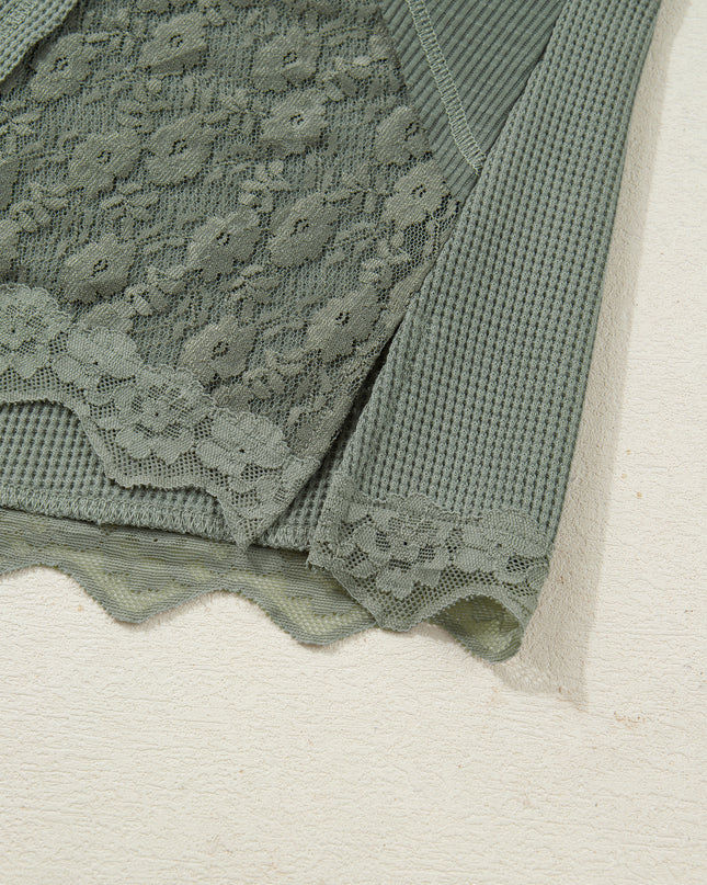 Sage Green Solid Color Waffle Ribbed Lace Patchwork Long Sleeve Top