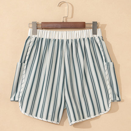 Gray Stripe Elastic Waist Cargo Pocket Casual Shorts