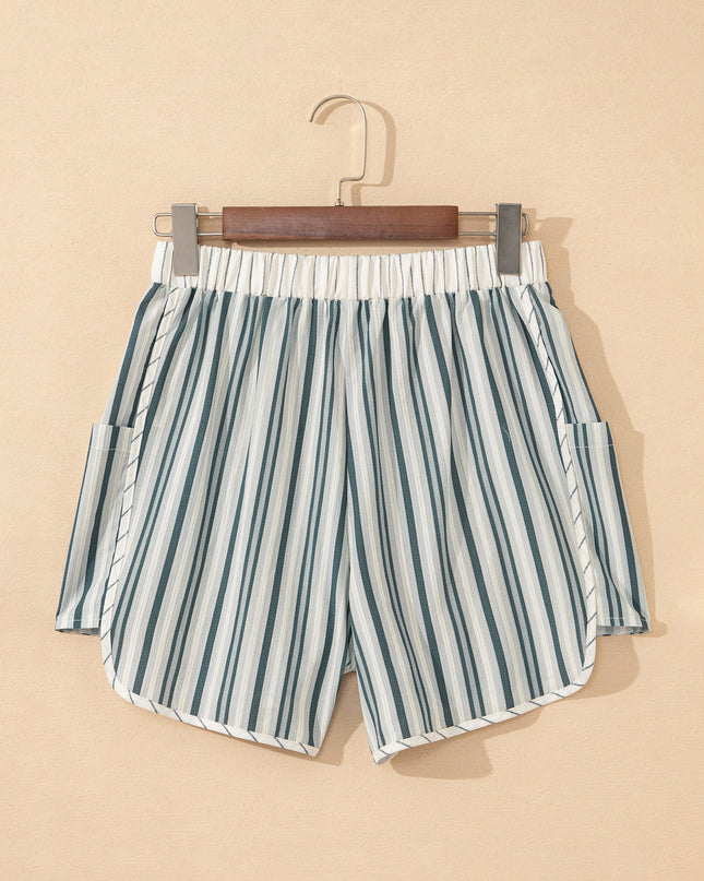 Gray Stripe Elastic Waist Cargo Pocket Casual Shorts