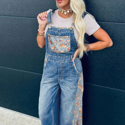 Peacock Blue Floral Patchwork Bib Denim Wide Leg Overalls
