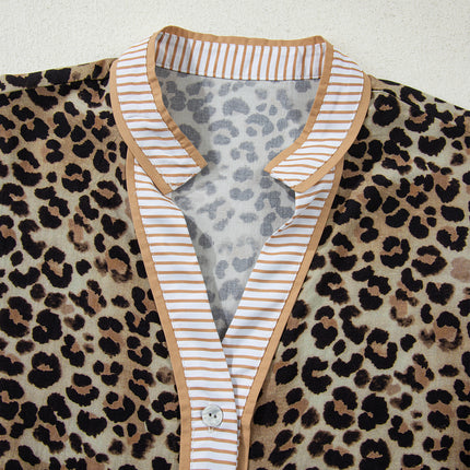 Khaki Contrast Striped Trim V Neck Leopard Shirt