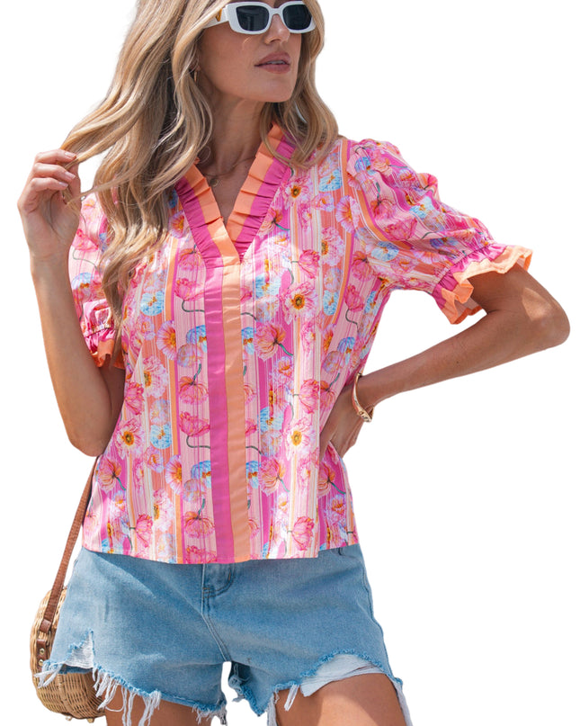 Pink Poppy Flower Striped Print Color Block Trim V Neck Short Sleeve Blouse