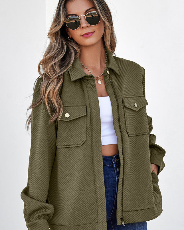 Blackish Green Solid Color Zip Up Button Flap Pocket Shirt Collar Jackets
