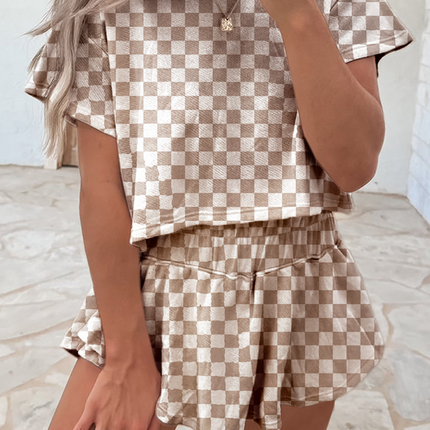 Black Checkerboard T Shirt and High Waist Skorts 2 Piece Outfit set