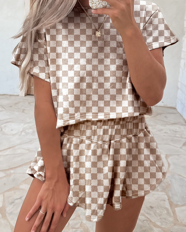 Black Checkerboard T Shirt and High Waist Skorts 2 Piece Outfit set