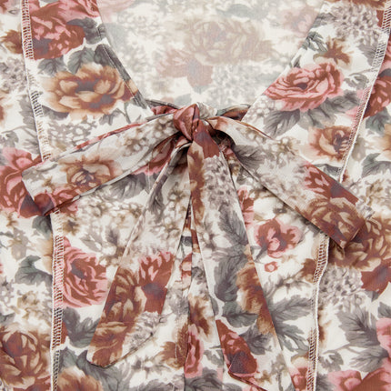 Red Floral Print Stitched Detail Tie V Neck Long Bell Sleeve Blouse