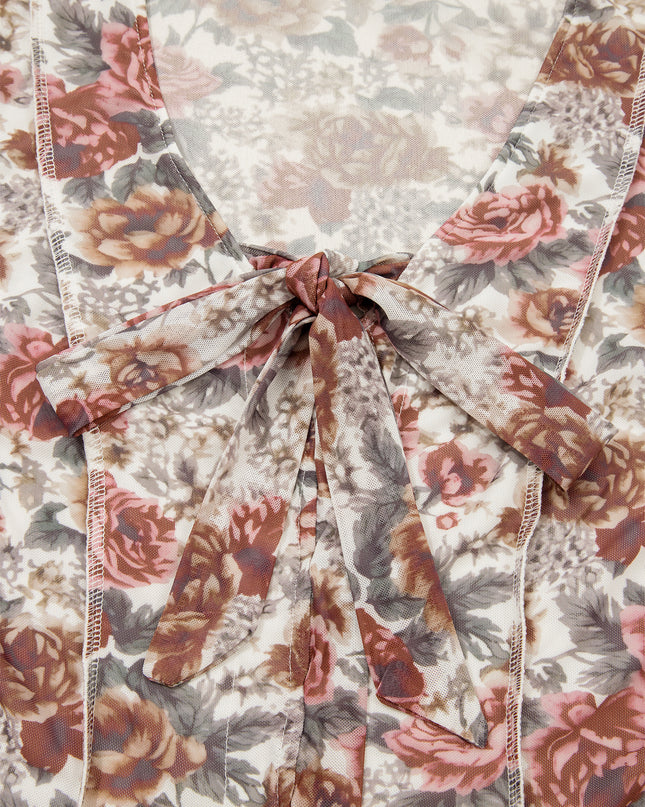 Red Floral Print Stitched Detail Tie V Neck Long Bell Sleeve Blouse