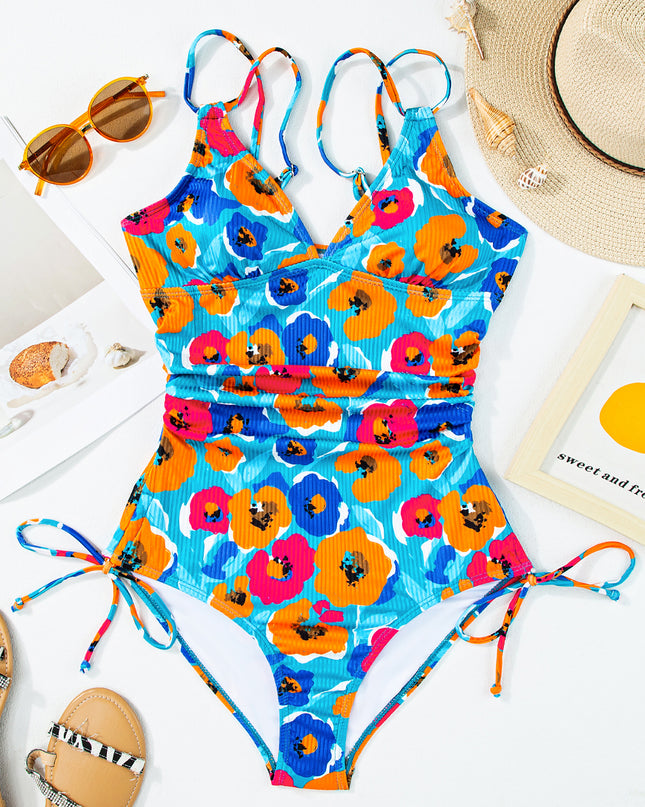 Sky Blue Adjustable Straps Ribbed Knit One Piece Swimsuit