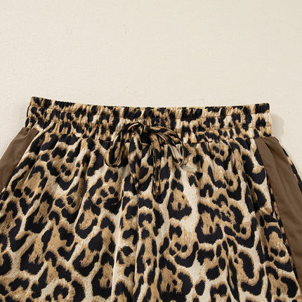 Brown Leopard Collared 3/4 Sleeve Shirt and Loose Pants Two Piece Outfit Set