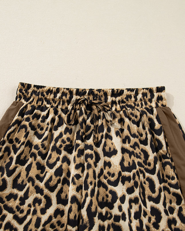 Brown Leopard Collared 3/4 Sleeve Shirt and Loose Pants Two Piece Outfit Set