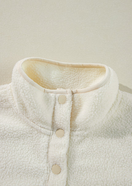 White Fleece Placket Turn-down Collar Drop Shoulder Sweatshirt