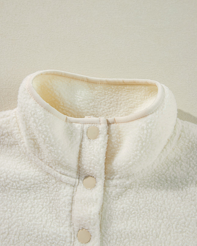 White Fleece Placket Turn-down Collar Drop Shoulder Sweatshirt
