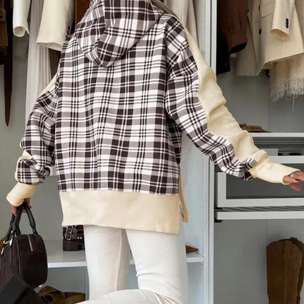 Beige Plaid Patchwork Side Slit Sweatshirt