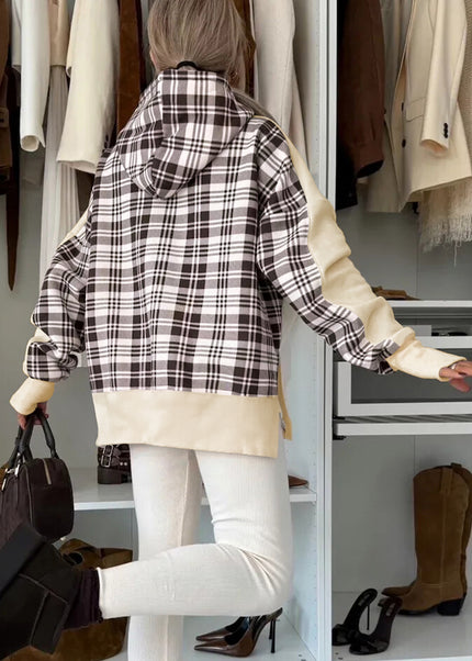 Beige Plaid Patchwork Side Slit Sweatshirt