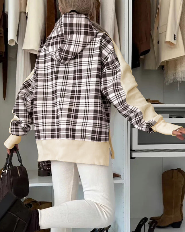 Beige Plaid Patchwork Side Slit Sweatshirt