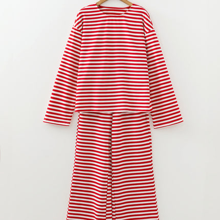 Red Stripe Drop Shoulder Long Sleeve Top Lounge Pants 2pcs Set