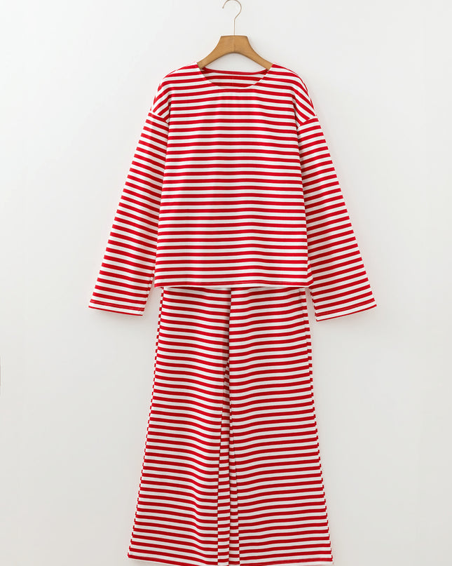 Red Stripe Drop Shoulder Long Sleeve Top Lounge Pants 2pcs Set