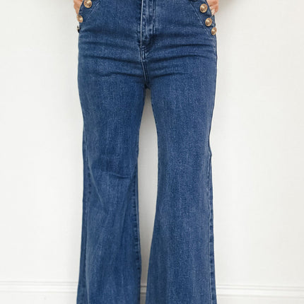 Ashleigh Blue Golden Button Detail Rolled Edge Flare Leg Jeans