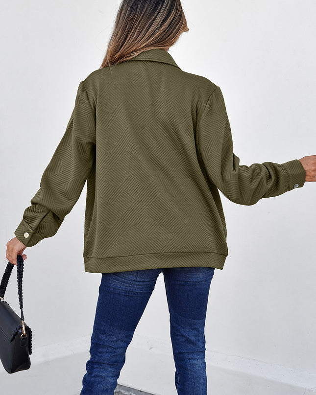 Blackish Green Solid Color Zip Up Button Flap Pocket Shirt Collar Jackets