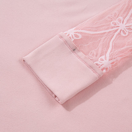 Light Pink Solid Color Bow Textured Patchwork Long Sleeve Tee