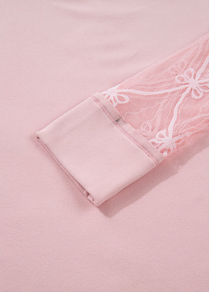 Light Pink Solid Color Bow Textured Patchwork Long Sleeve Tee