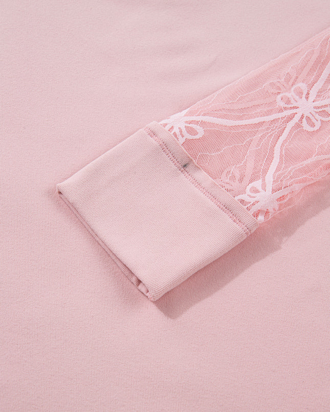 Light Pink Solid Color Bow Textured Patchwork Long Sleeve Tee