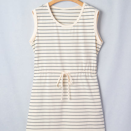 Beige Stripe Drawstring Tunic Tank Mini Dress with Pockets