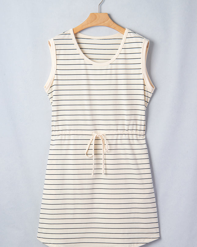 Beige Stripe Drawstring Tunic Tank Mini Dress with Pockets