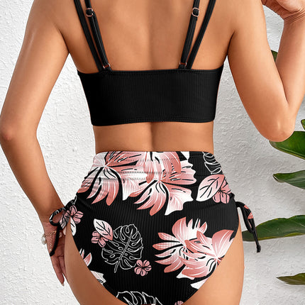 Black Ribbed Knit High Waist 2pcs Bikini Swimsuit