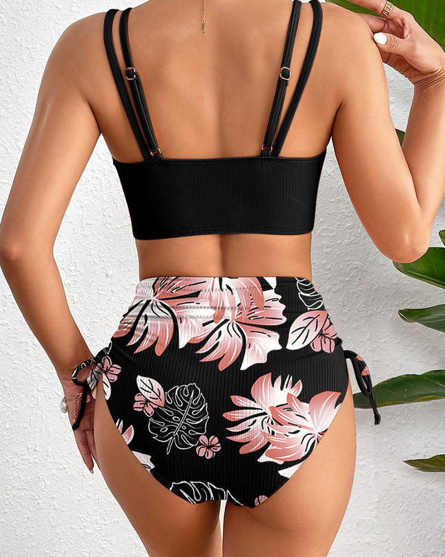 Black Ribbed Knit High Waist 2pcs Bikini Swimsuit
