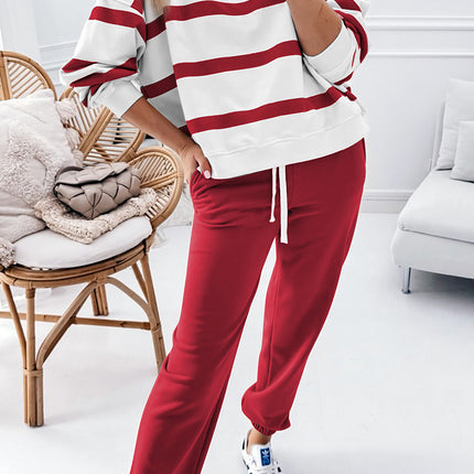 Brown Stripe Striped Drop Shoulder Pullover and Jogger Pants Set