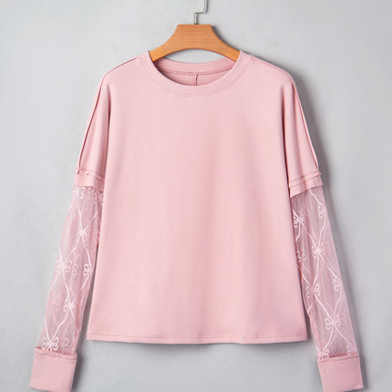 Light Pink Solid Color Bow Textured Patchwork Long Sleeve Tee