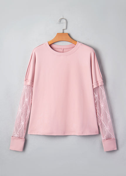 Light Pink Solid Color Bow Textured Patchwork Long Sleeve Tee