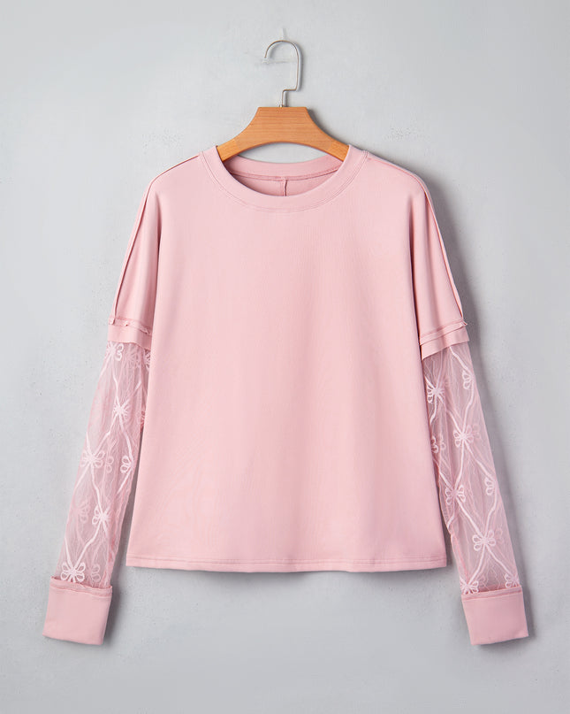 Light Pink Solid Color Bow Textured Patchwork Long Sleeve Tee