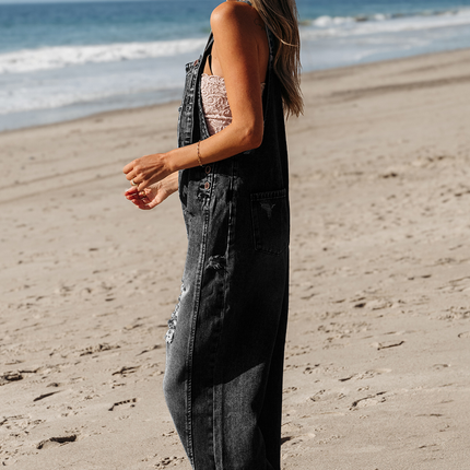 Stone Blue Distressed Bib Pocket Wide Leg Denim Overall