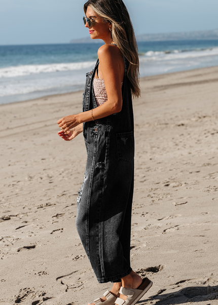 Stone Blue Distressed Bib Pocket Wide Leg Denim Overall
