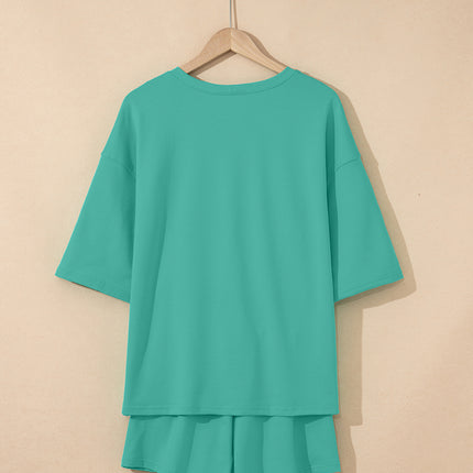 Meadow Mist Green Solid Loose V Neck Half Sleeve Tee and Shorts Set