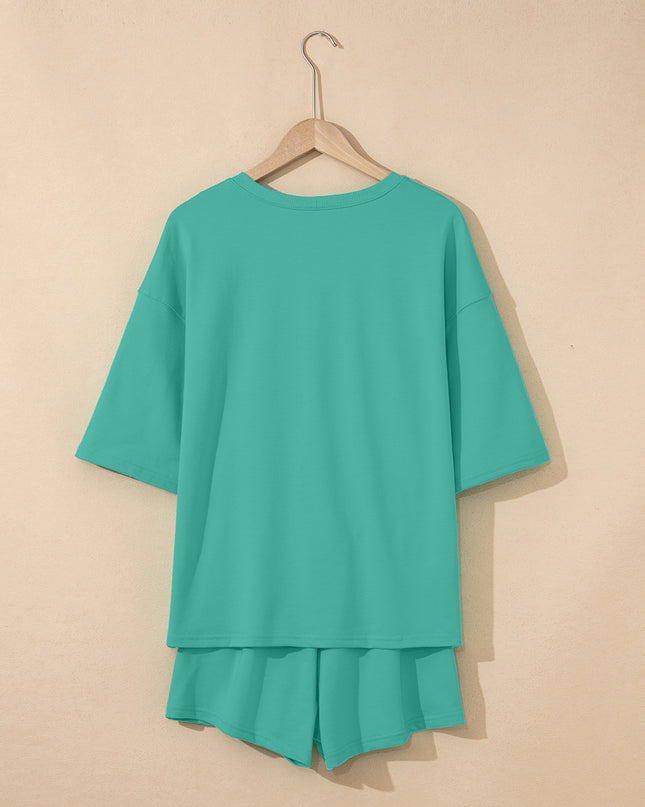 Meadow Mist Green Solid Loose V Neck Half Sleeve Tee and Shorts Set