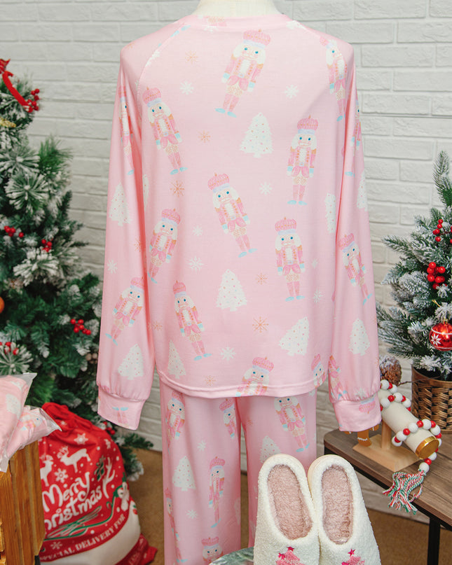Pink Christmas Tree Nutcracker Print 2pcs Lounge Pant Set