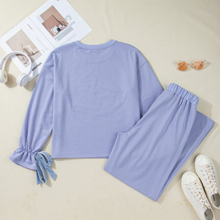 Beau Blue Flounce Long Sleeve Top Drawstring Pants Contrast Velvet Bow Knot 2pcs Lounge Set