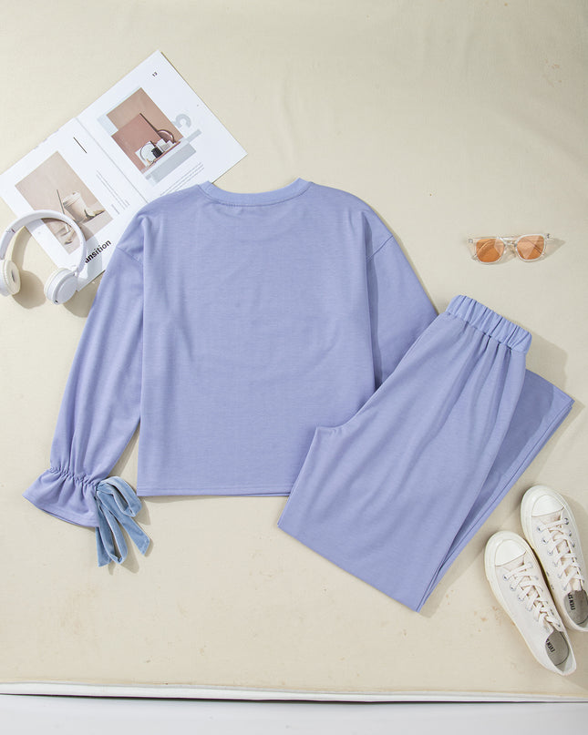 Beau Blue Flounce Long Sleeve Top Drawstring Pants Contrast Velvet Bow Knot 2pcs Lounge Set