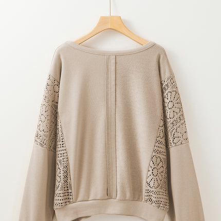 Parchment Knit Crochet Exposed Seam Ribbed Trim Sweatshirt