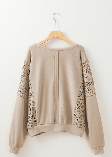 Parchment Knit Crochet Exposed Seam Ribbed Trim Sweatshirt